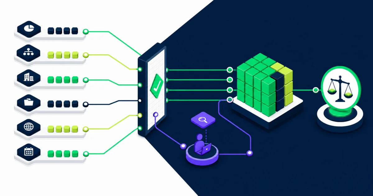 Financial accounts and dimensions moving through mapping validation, human exception review, and balanced reconciliation.
