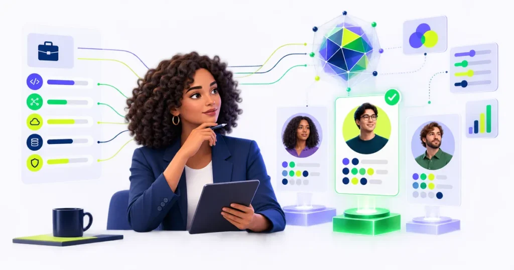 Recruiter reviewing AI resume matching recommendations with human oversight