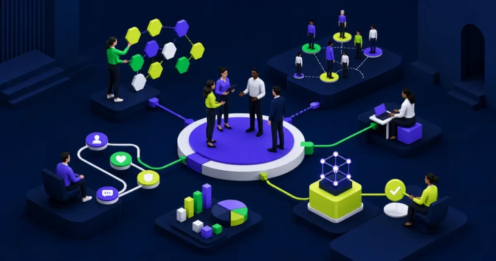 Workforce leaders connecting skills, planning, employee experience, analytics, and human-governed AI through a shared platform.
