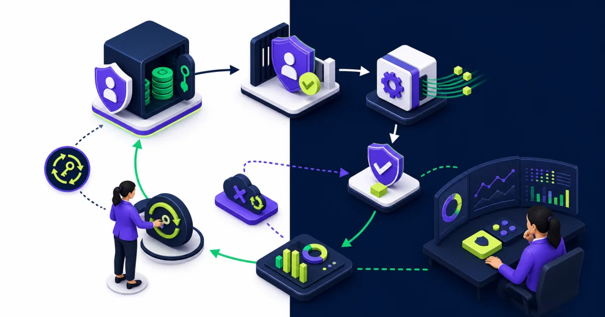 Secure API operations lifecycle covering service identity, authorization, processing, validation, monitoring, retries, and credential rotation.