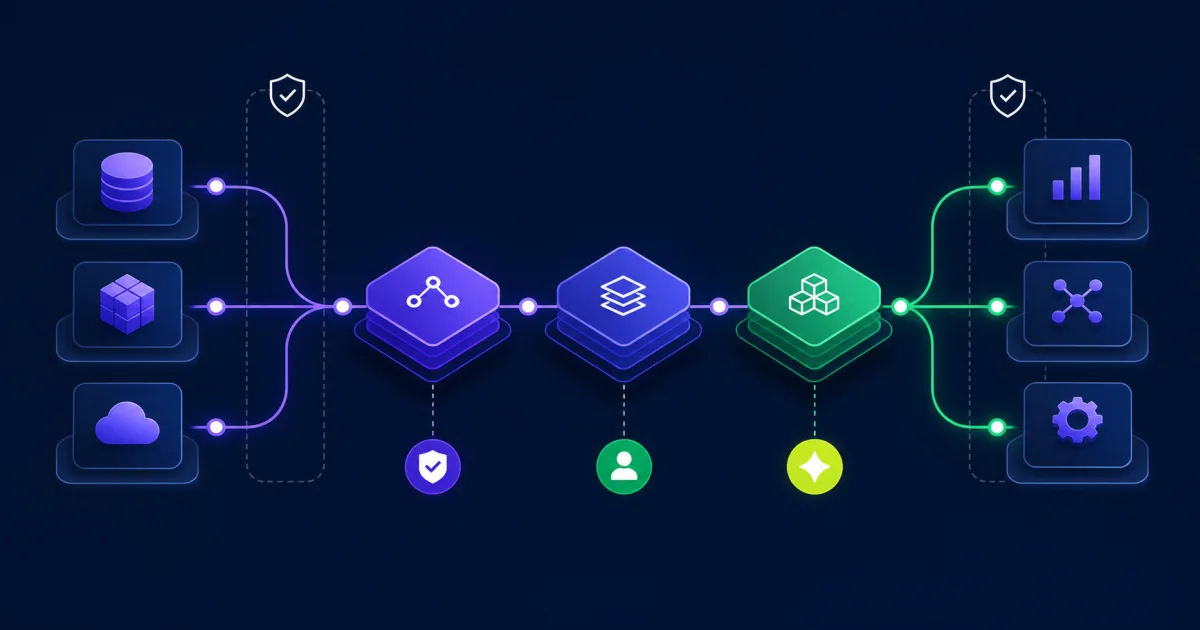 Calculated field dependency map showing a short governed path from source data through reusable logic to reports, integrations, and rules.