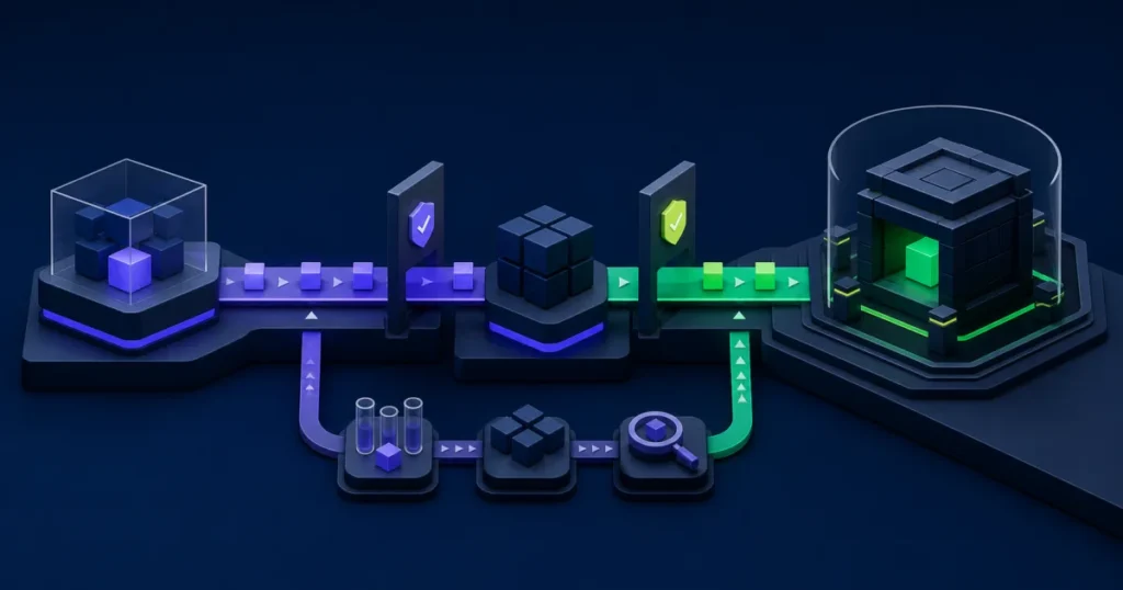 Workday release management process moving changes through review gates, testing, and a protected production environment.