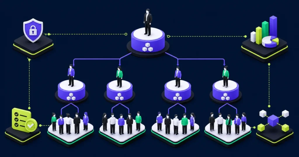 Governed supervisory organization hierarchy connecting managers, teams, security, reporting, approvals, and integrations.