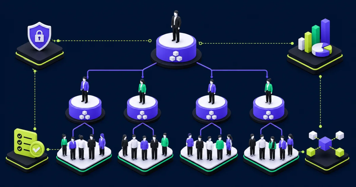 Governed supervisory organization hierarchy connecting managers, teams, security, reporting, approvals, and integrations.