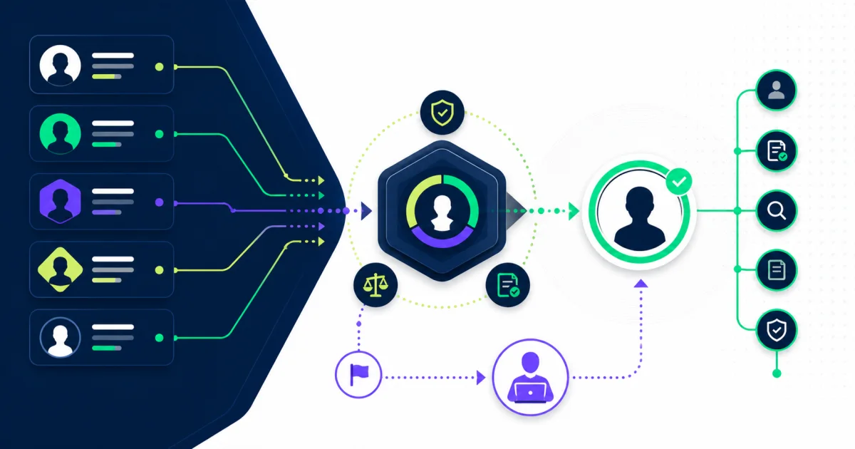 Multiple workforce identity records passing through governed matching, human exception review, and reconciliation into one canonical person identity.