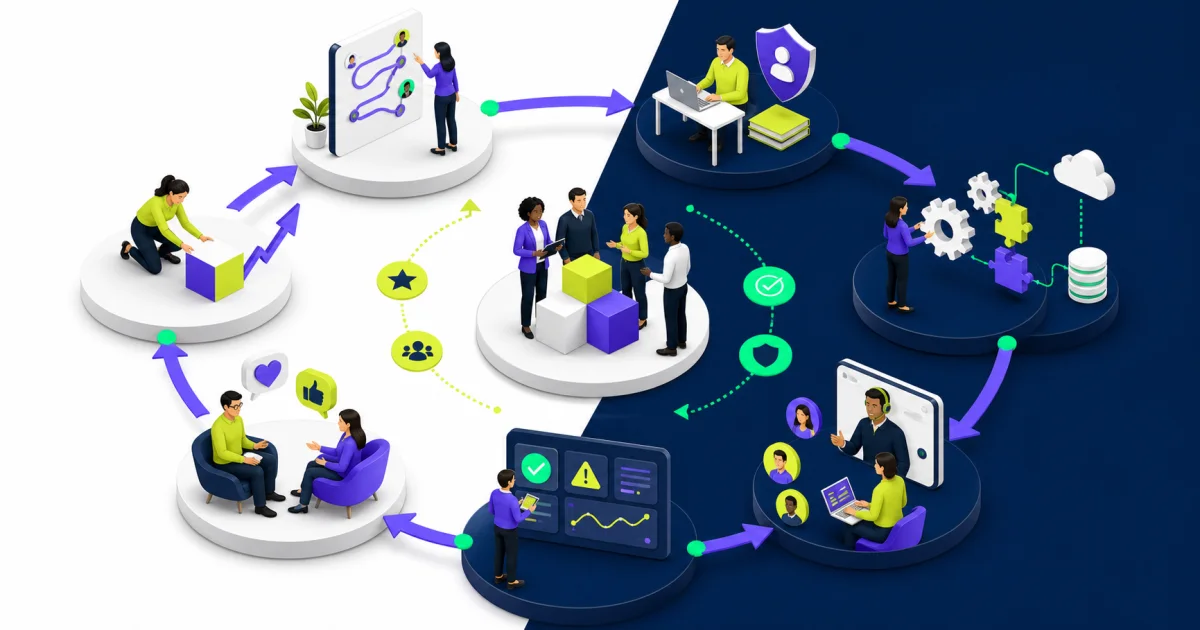 Employee experience improvement cycle linking journey design, ownership, workflows, support, operational measures, feedback, and continuous improvement.
