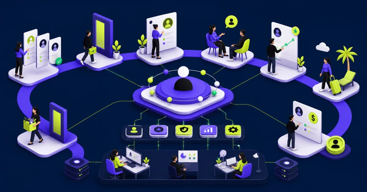 Employee lifecycle journey connecting onboarding, self-service, manager check-ins, development, time away, compensation, and offboarding through a shared HR platform.