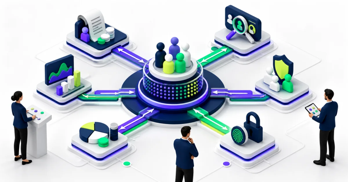 Governed HR technology integration ecosystem connecting people data with payroll, recruiting, benefits, identity, finance, and analytics under human oversight.